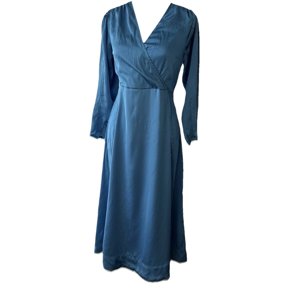 Neo Noir Hannah Solid Sateen Wrap Midi Dress Blue Size 36 Long Sleeve